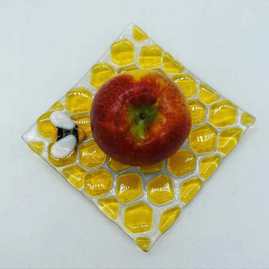 Rosh Hashana Fused Glass Honeycomb Bee Plates for Apples & Honey