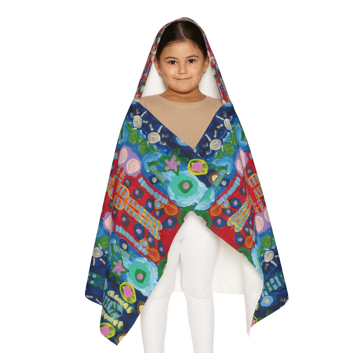 hooded bath towel of a Painting of various colored shapes with patterns on top of them, some of them are planets, stars, and ovals ontop on a background that is divided into thirds of red, light blue, and dark blue