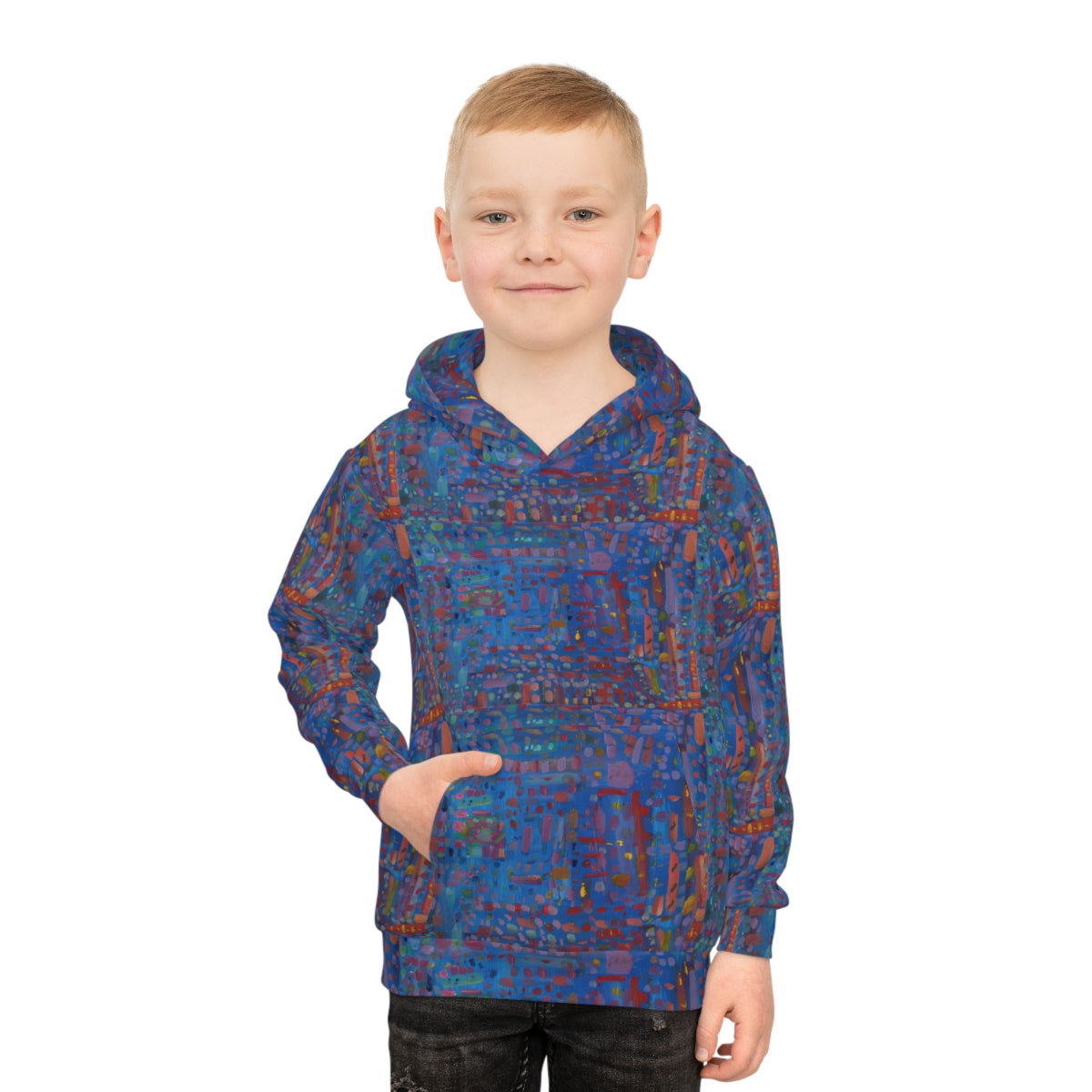 hoodie of an Abstract blue painting on canvas with red and yellow lines