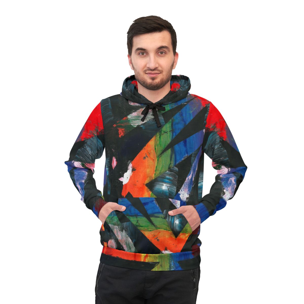 hoodie of an Abstract black Painting that has a zigzag abstract shape in the middle that reveals a rainbow