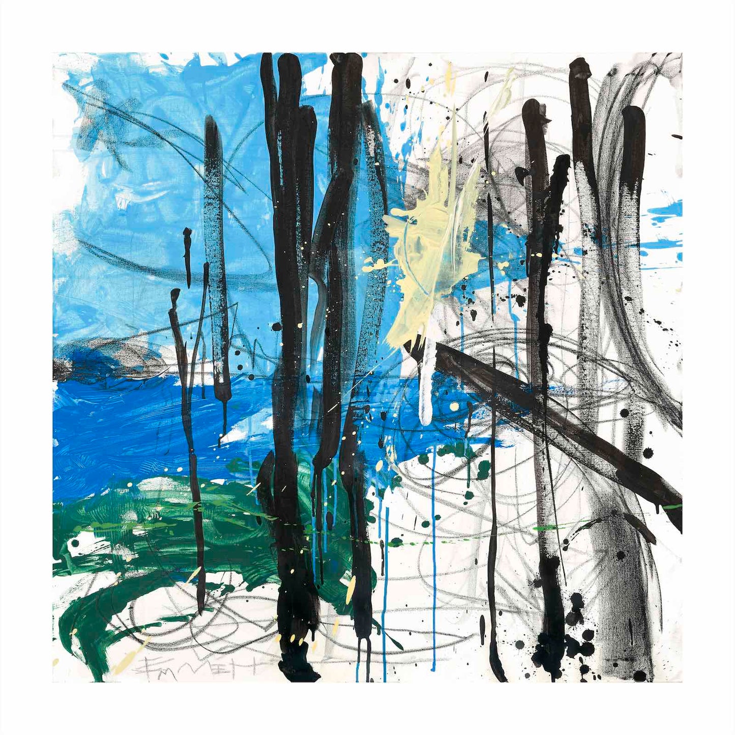 Abstract painting of black lines over a white, blue and green background