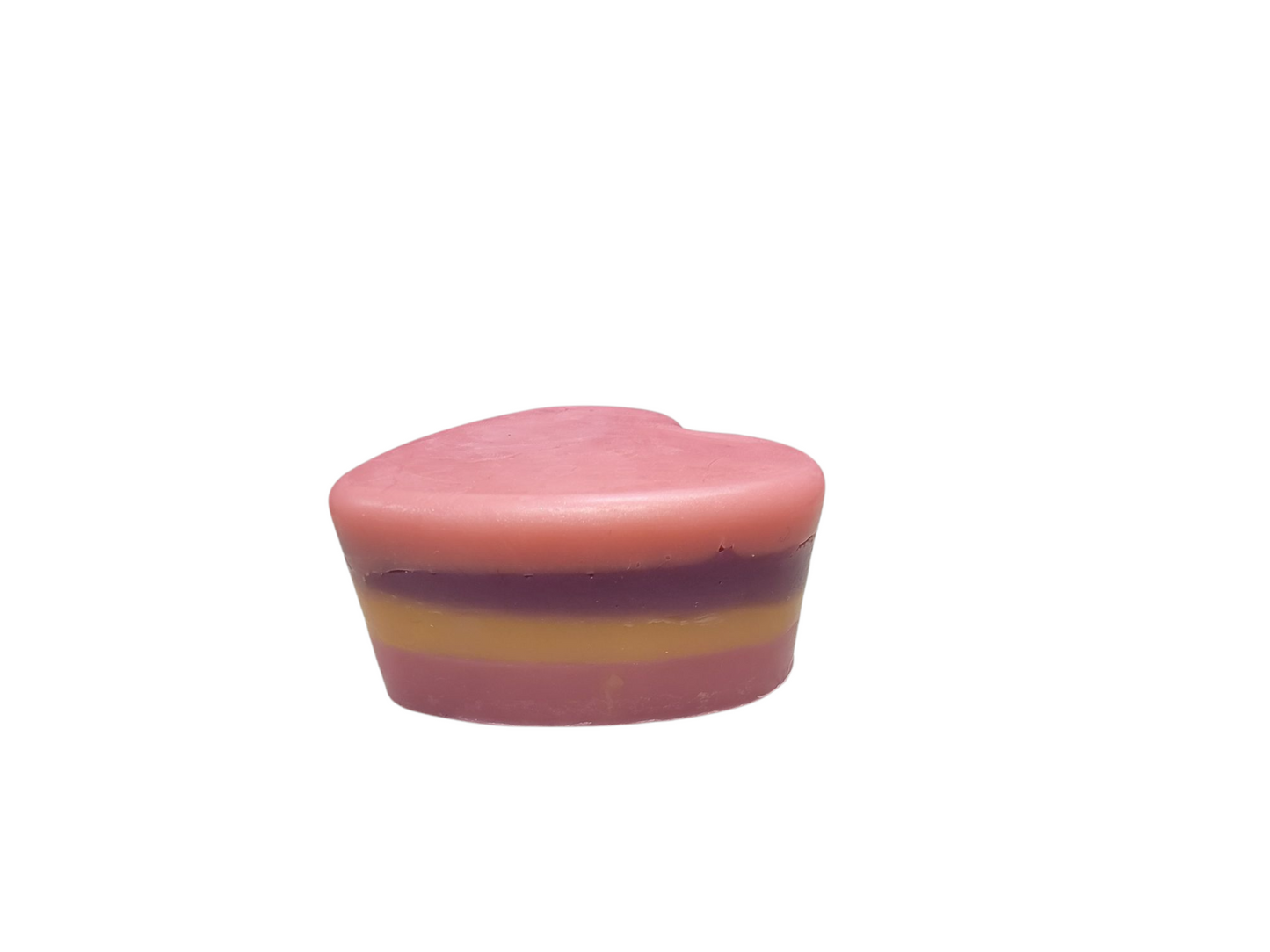 heart soap with layers of pink, purple, yellow