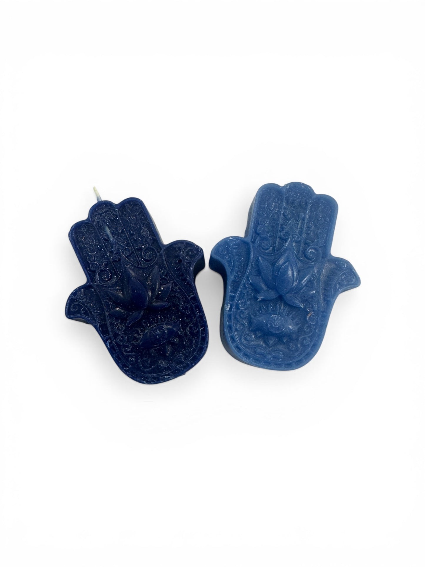Deep Midnight and Celestial Blue. hand-poured Hamsa candles