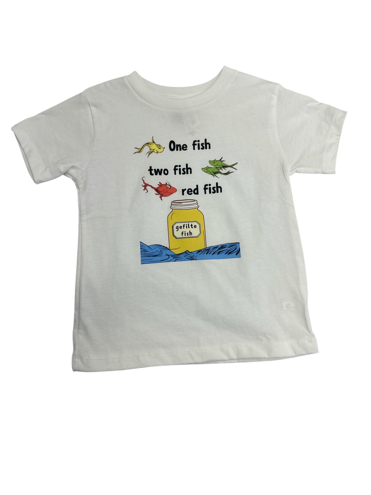 onesie with image of dr suess style image that says one fish, two fish, red fish, gefilte fish