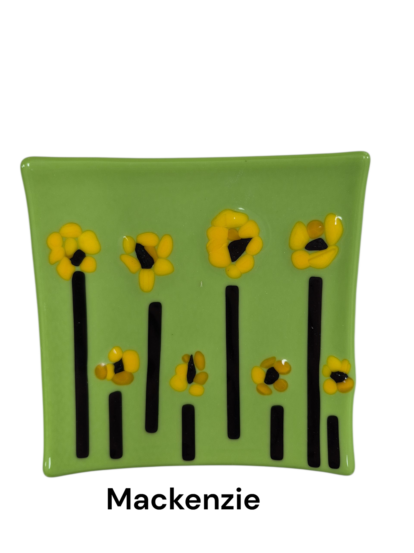 Handcrafted fused glass art tray, it features a cheerful garden design with bright yellow flowers atop tall, slender black stems, all set against a vibrant spring-green background.
Medium: Fused Glass
Size: Approximately 6" x 6"
Year: 2026