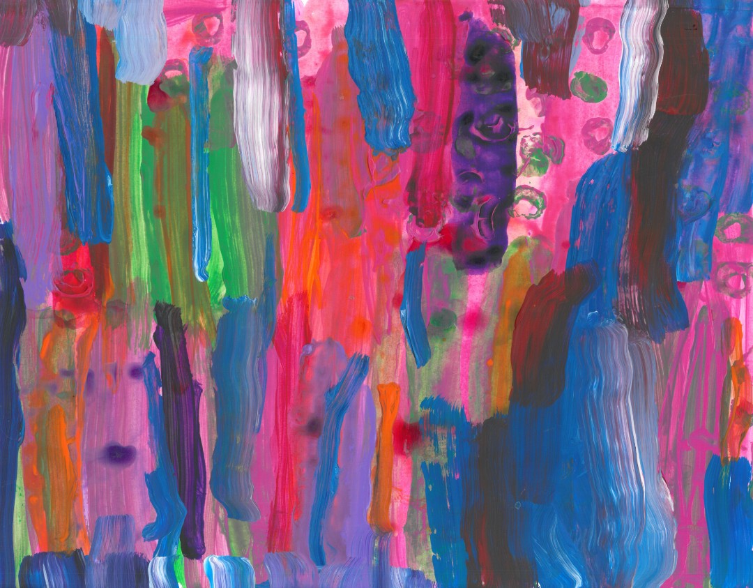 Abstract painting with verticle lines of pink, blue, purple, orange, and green