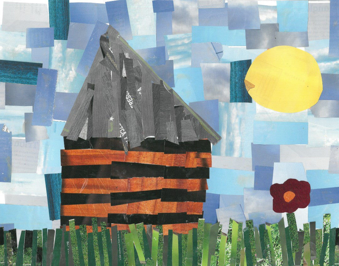 collage of house in a field with a flower and sun