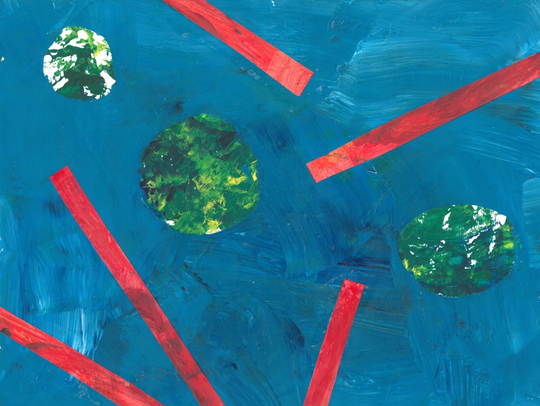 abstract blue painting with red lines and green circles on top
