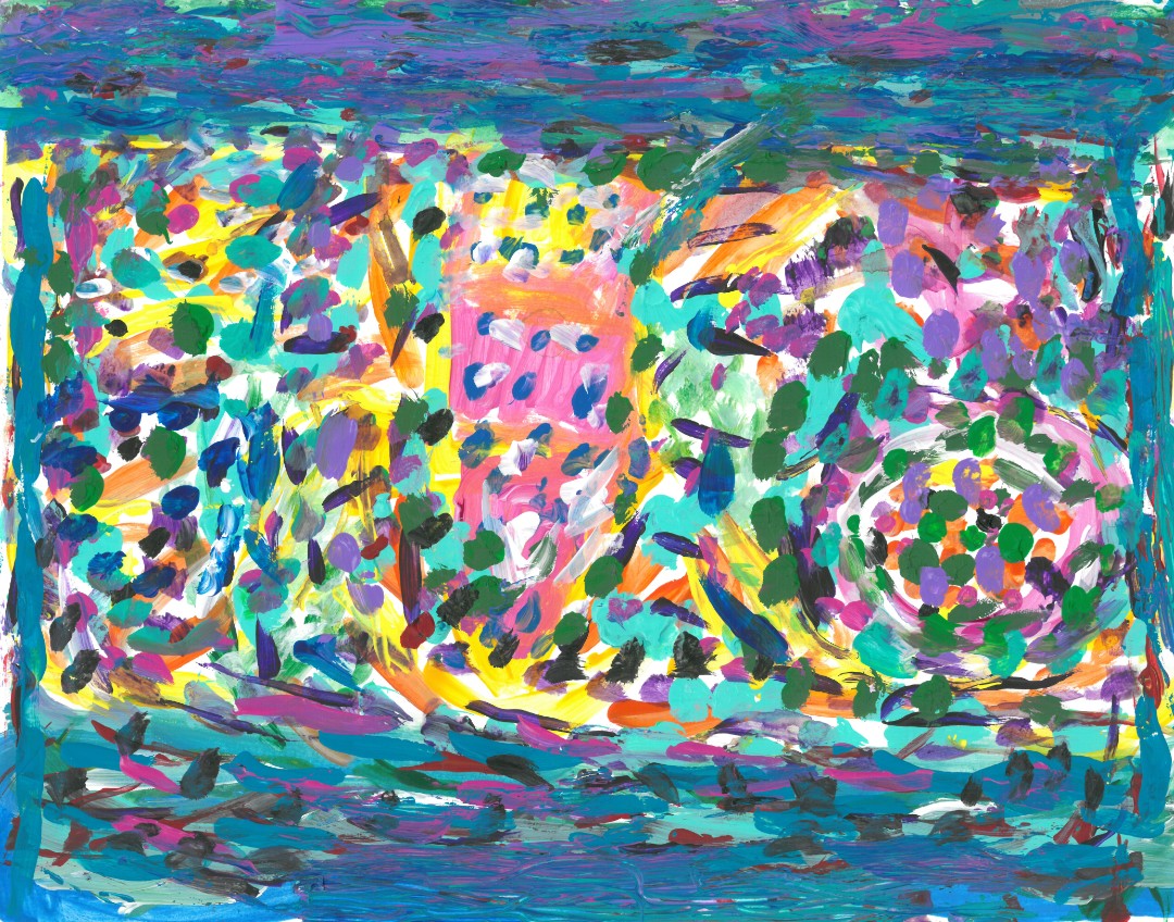 Abstract painting of colorful dots and dashes framed with blue swirls