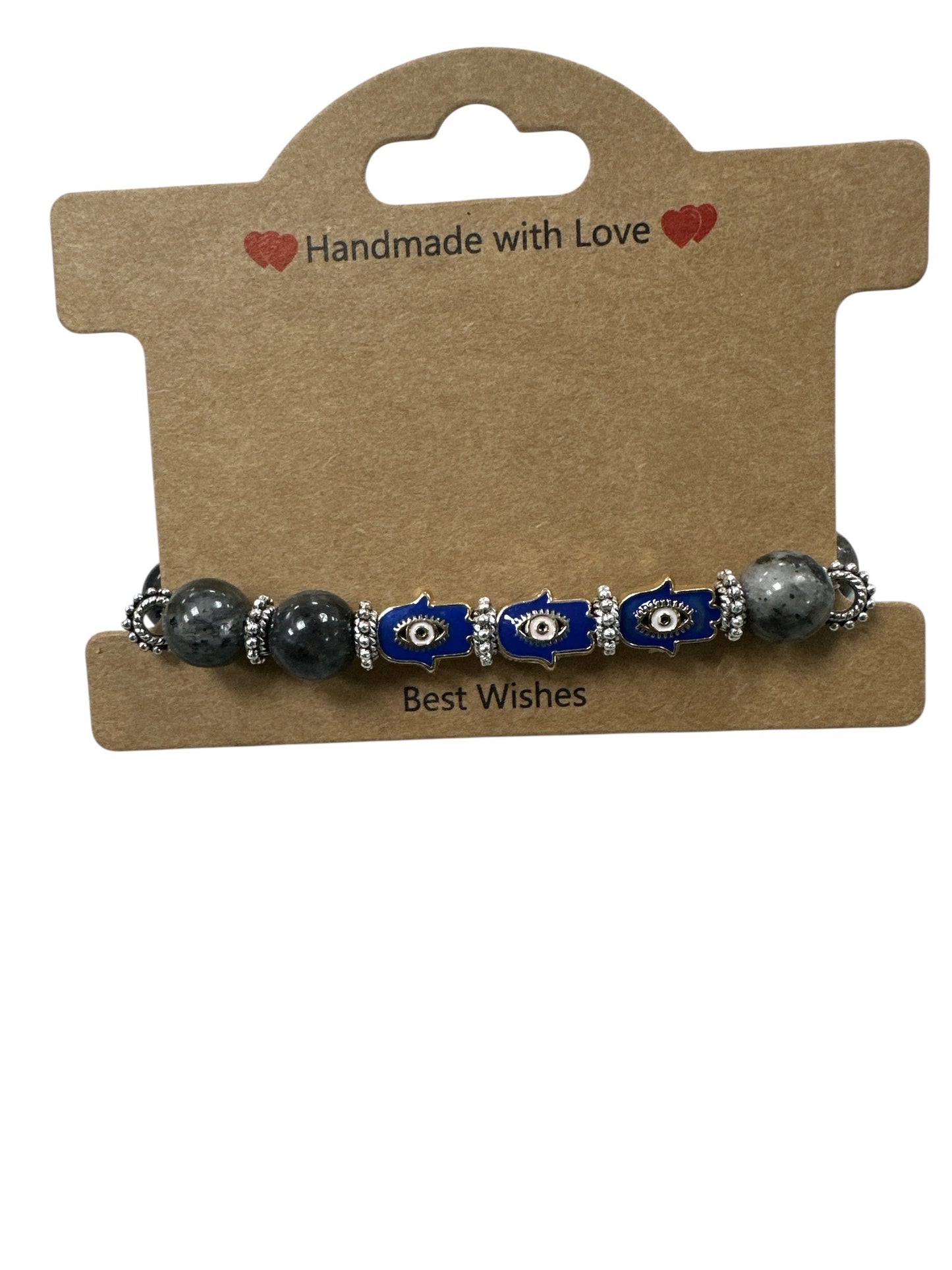 Gray stone bracelet with blue Hamsa hand charm