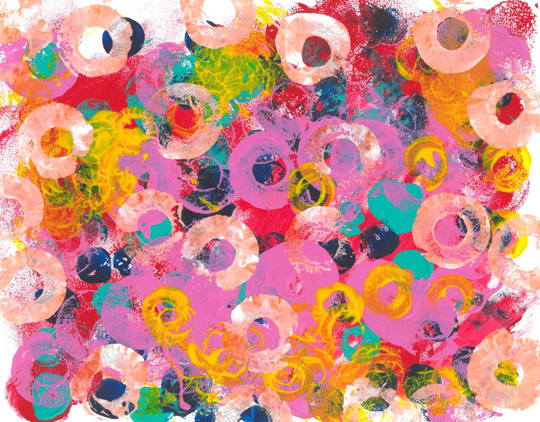 Abstract painting of colorful swirls on a white background