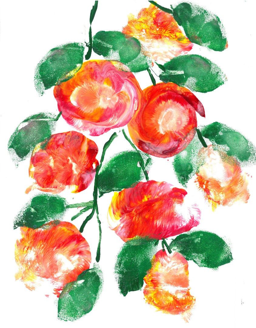 Artistic rendering of red fruit attached to green stems on a white background