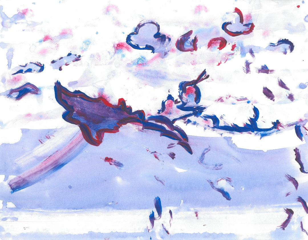 Abstract painting of navy and red designs on a blue and white background