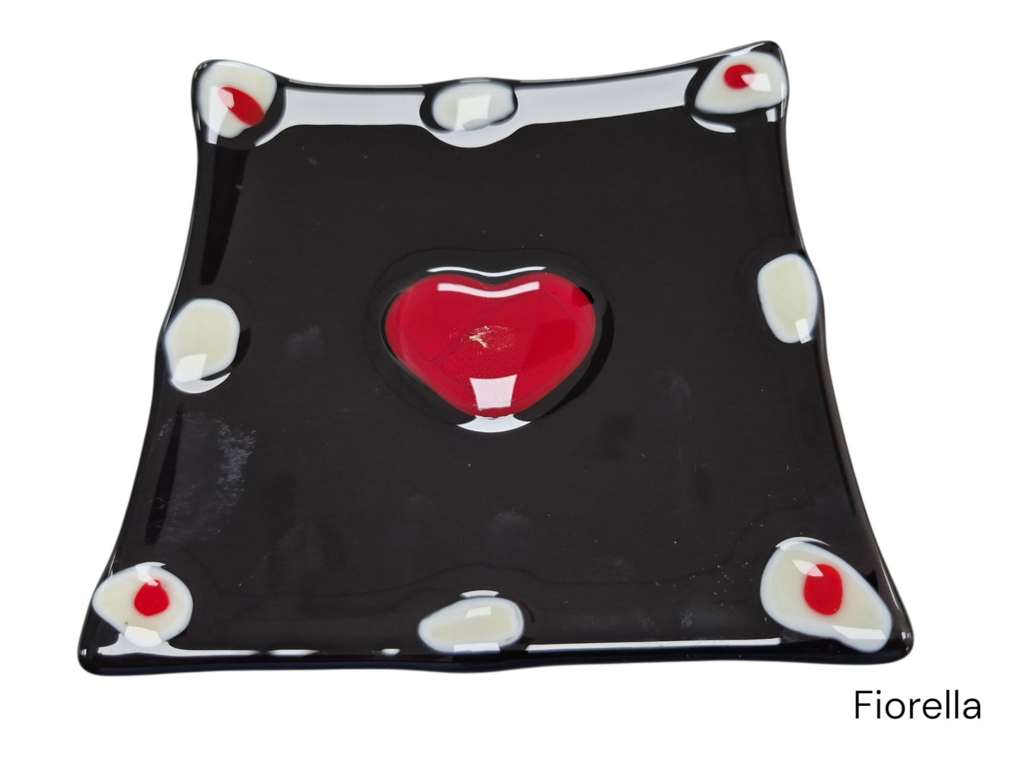 Colorful Black Wavy Plate with white dots and a heart, made by the talented employees of Celebration Company.