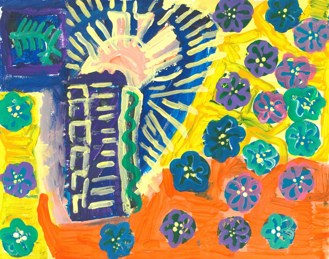 Abstract painting of purple and green flowers on a blue, orange, and yellow background