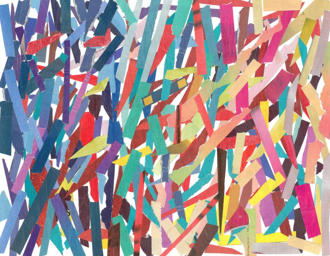 Abstract painting of colorful criss crossing lines on a white background