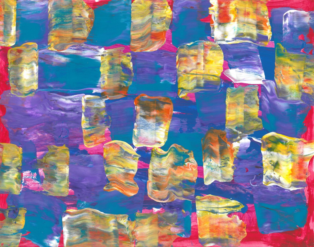 Abstract painting of yellow and blue dashes on a red background