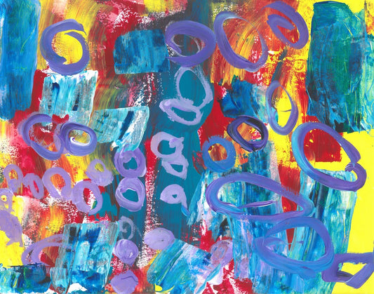 painting of blue stripes ontop of yellow background with purple circles on top