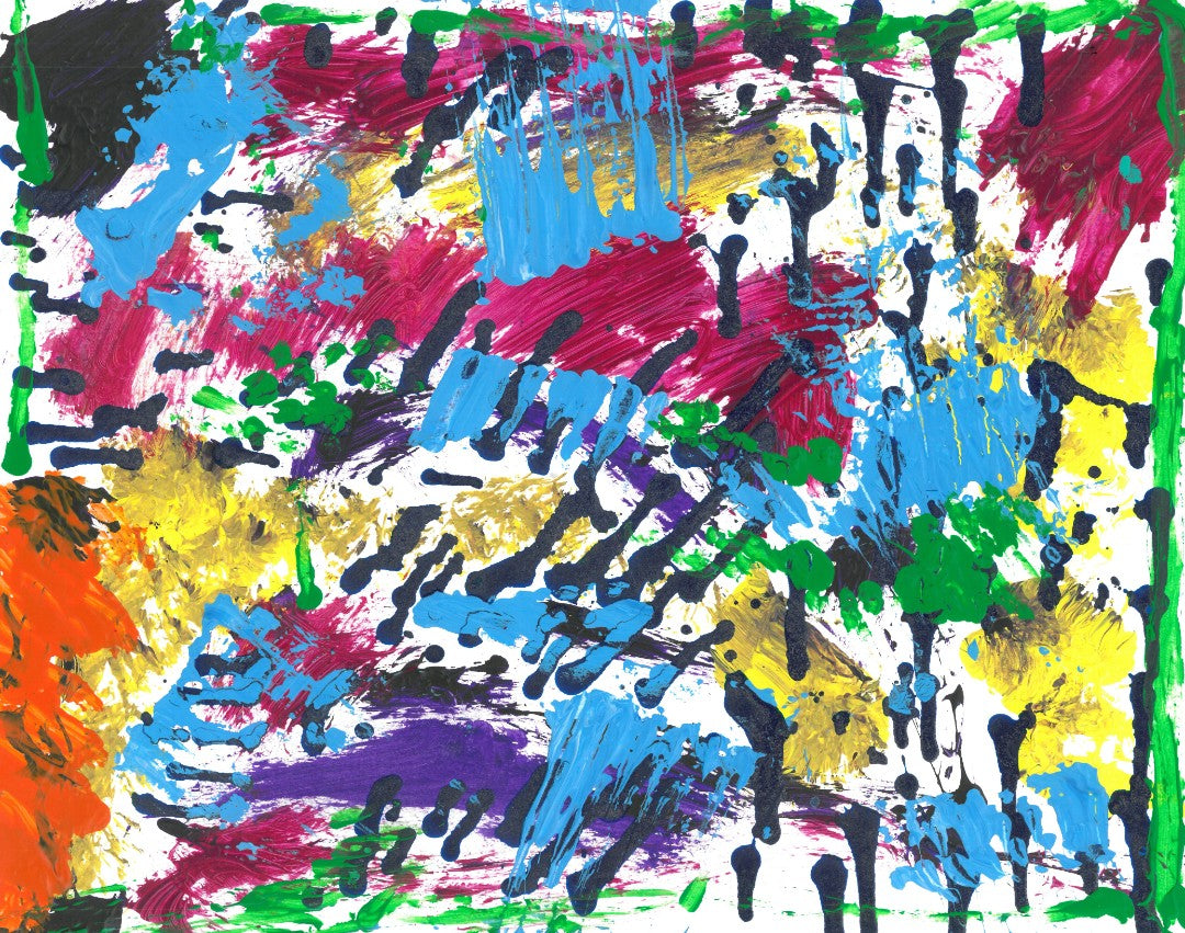 Abstract painting of colorful spots and dashes on a white background
