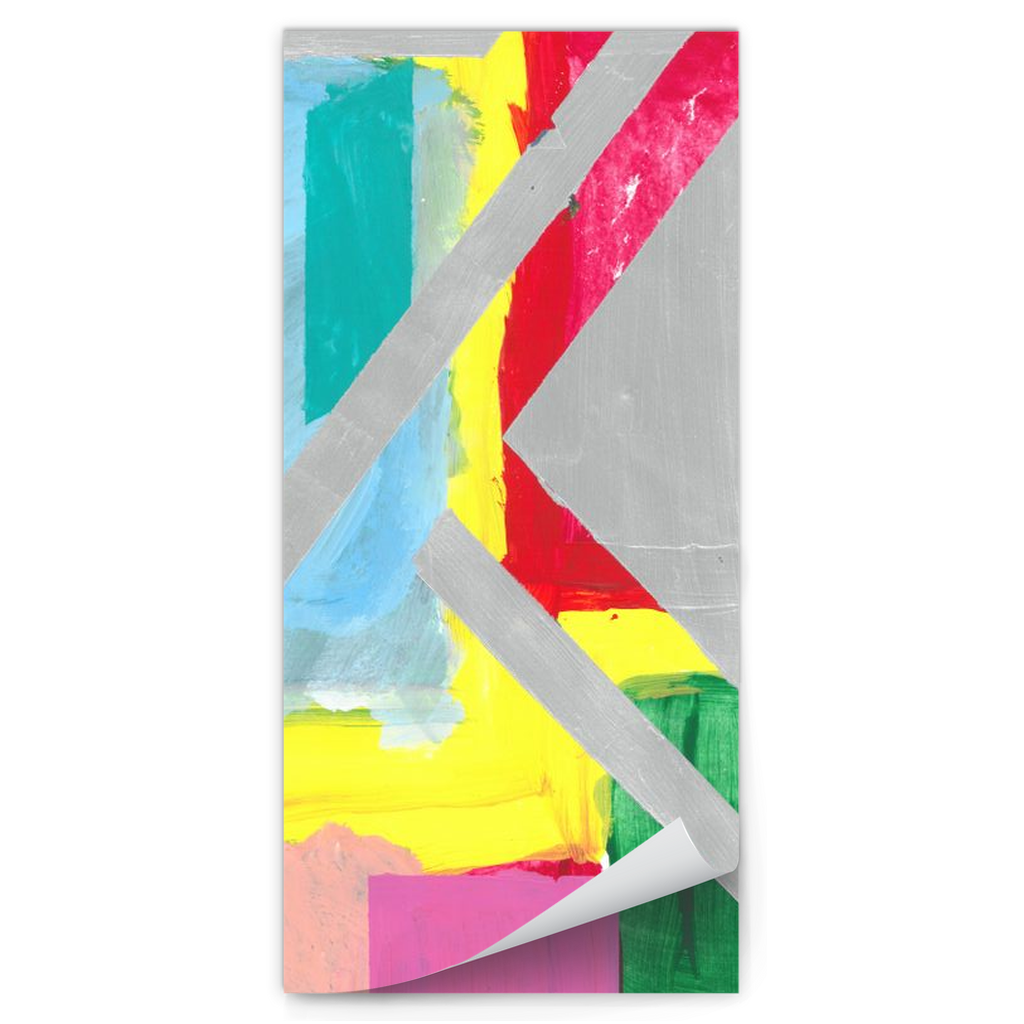 magnetic notepad of an Abstract painting of layers of multcolored squares and rectangles in the background with silver lines and blue triangles on top