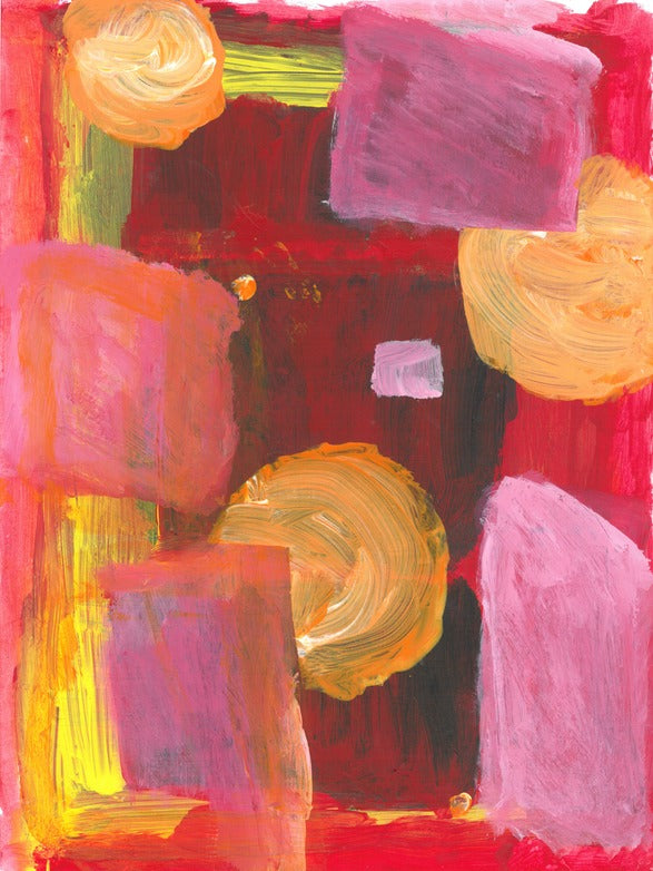 warm colors of yellows, orange, and red- make up circles and rectangles