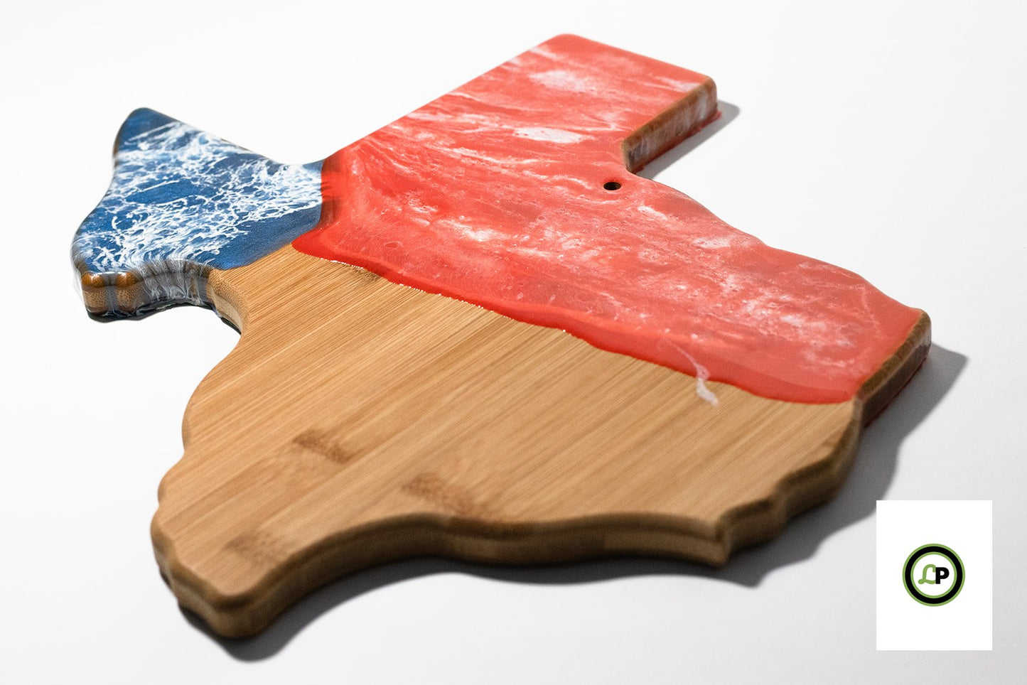 texas shaped board with pattern of texas flag decorated with resin