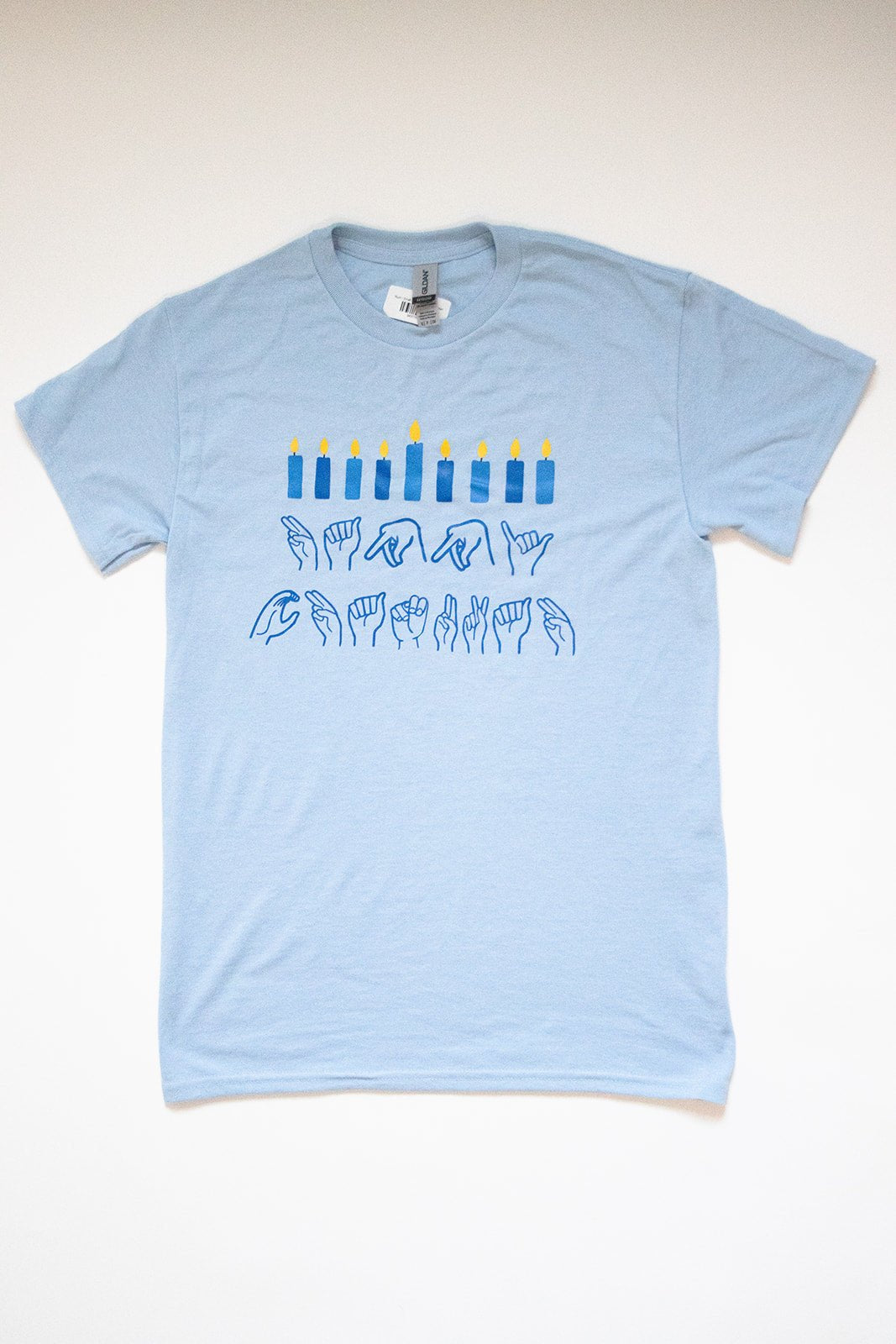 blue shirt with asl for happy chanukah
