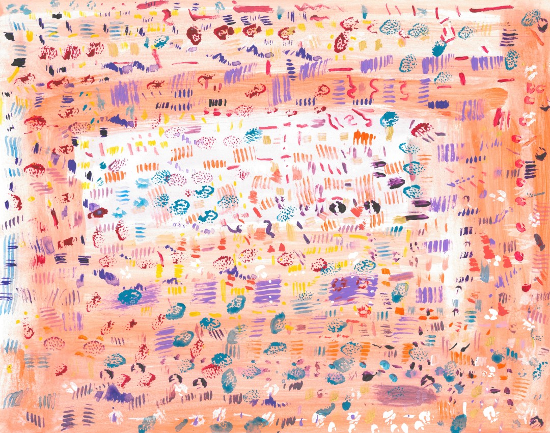 Abstract painting of colorful designs on a white and orange background