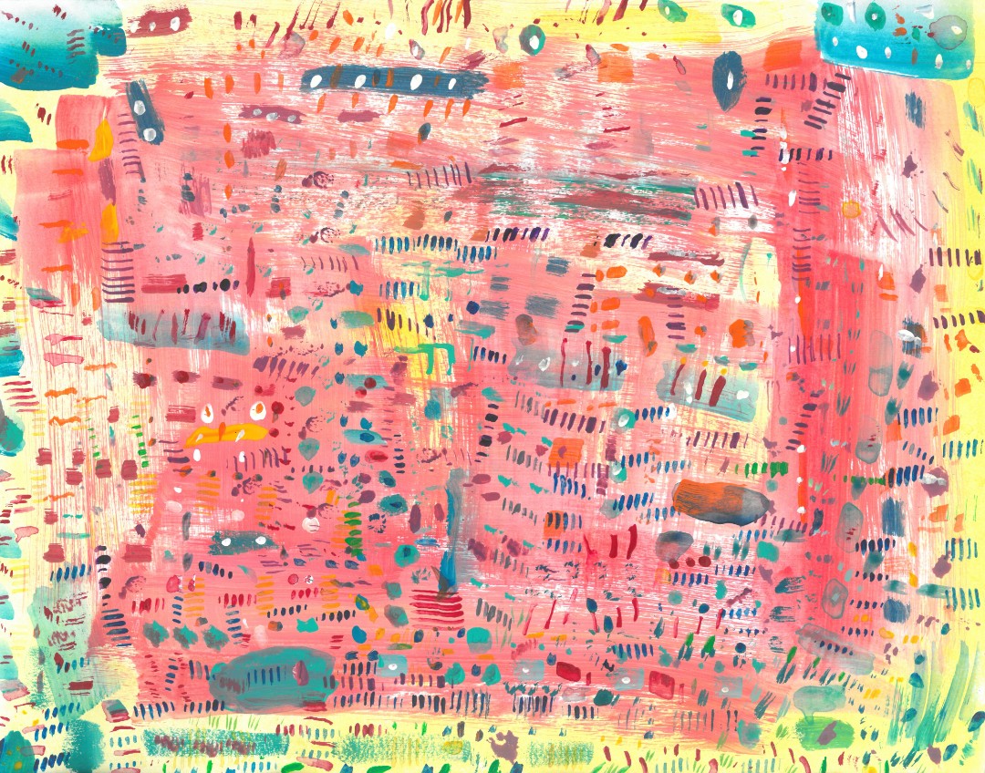 Abstract painting of colorful designs on a yellow and pink background
