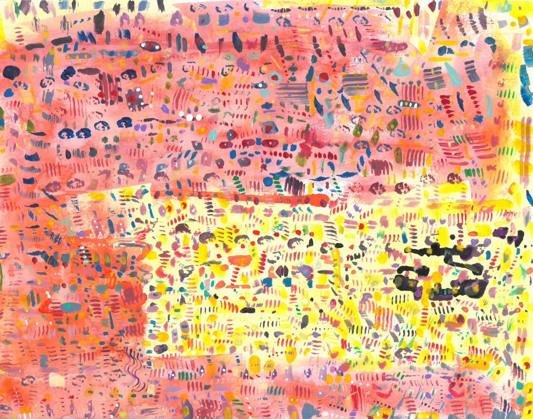 Abstract painting of colorful designs on a pink and yellow background