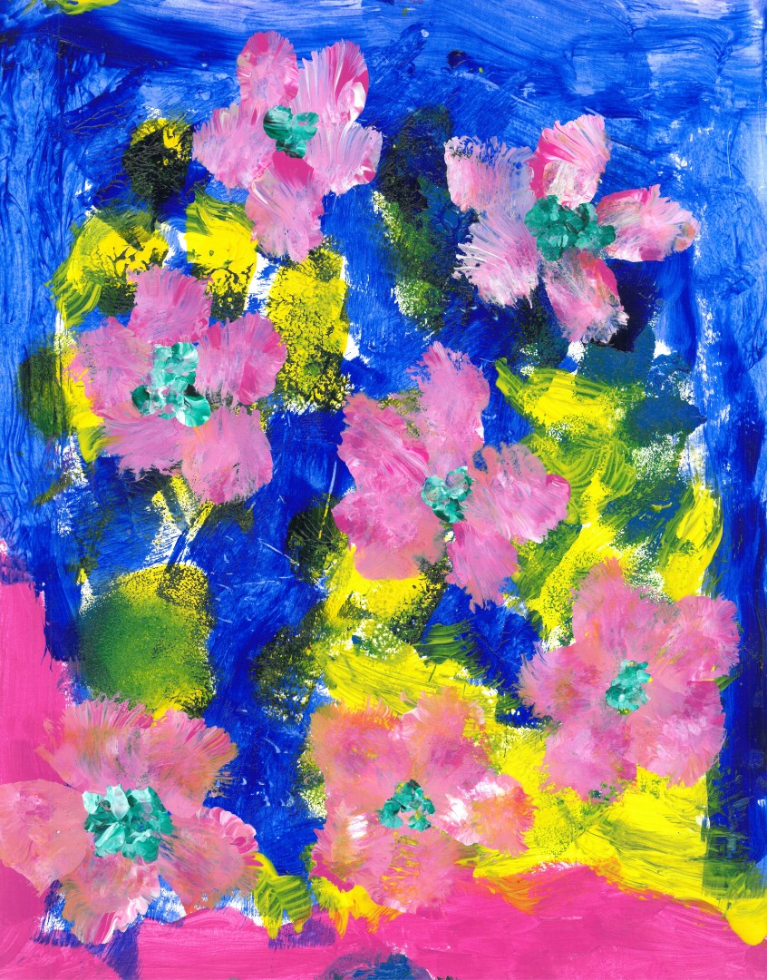 Abstract painting of pink flowers on a blue and yellow background
