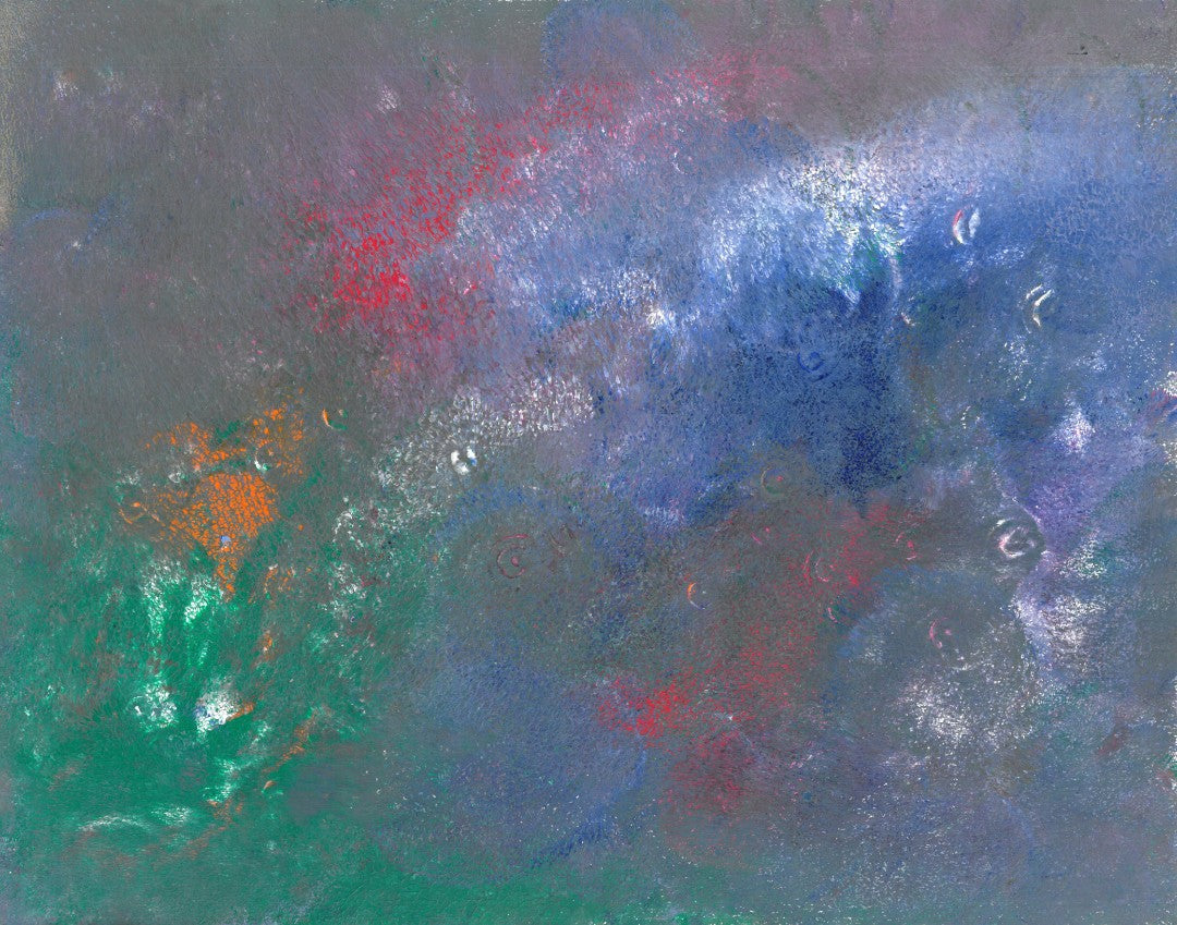 Abstract painting of blue, white, orange, red, and green blending swirls