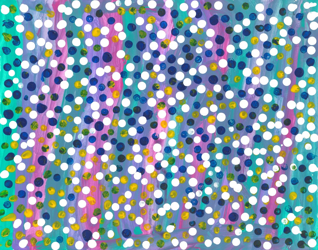 Abstract painting of yellow, blue, white, and green dots on colorful stripes