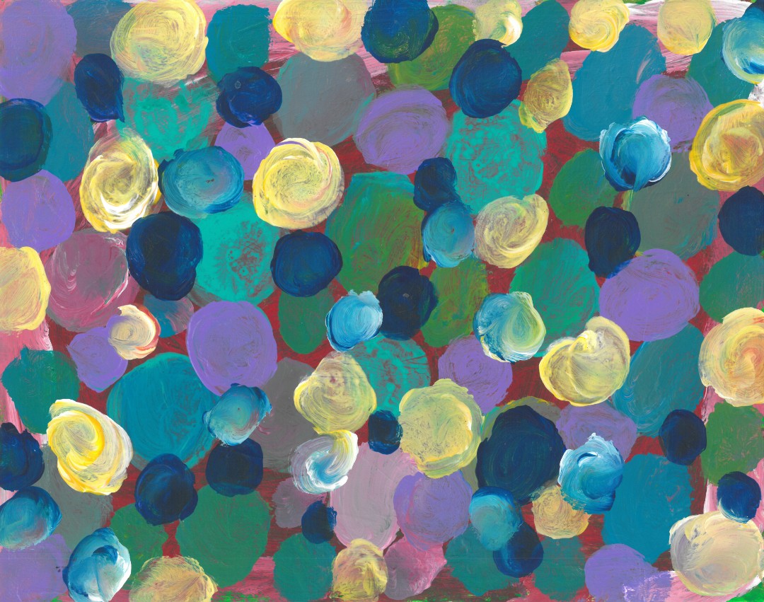 Abstract painting of yellow, blue, green, purple, and pink spots on a red background