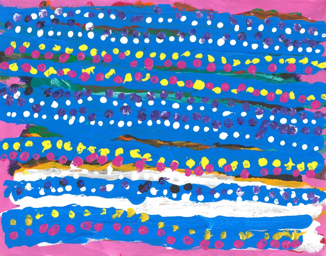 Abstract painting of colorful dots and stripes on a pink background