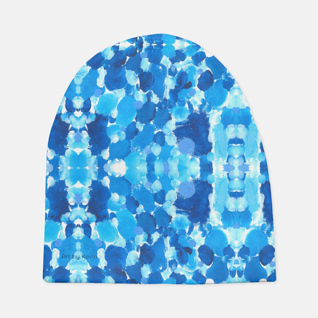 beanie with dots of blues all over