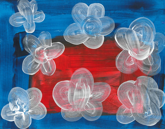 white transparent flowers painting on a blue and red background