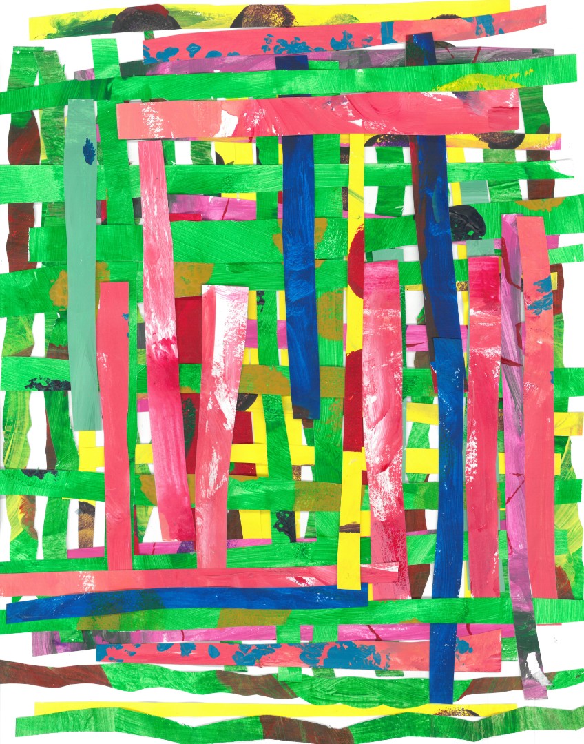Abstract painting of criss crossing blue, red, yellow, and green stripes