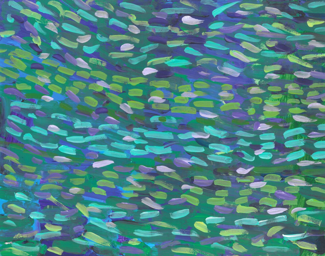 abstract painting of green and blue short horizontal lines on top of a background of purple and teal