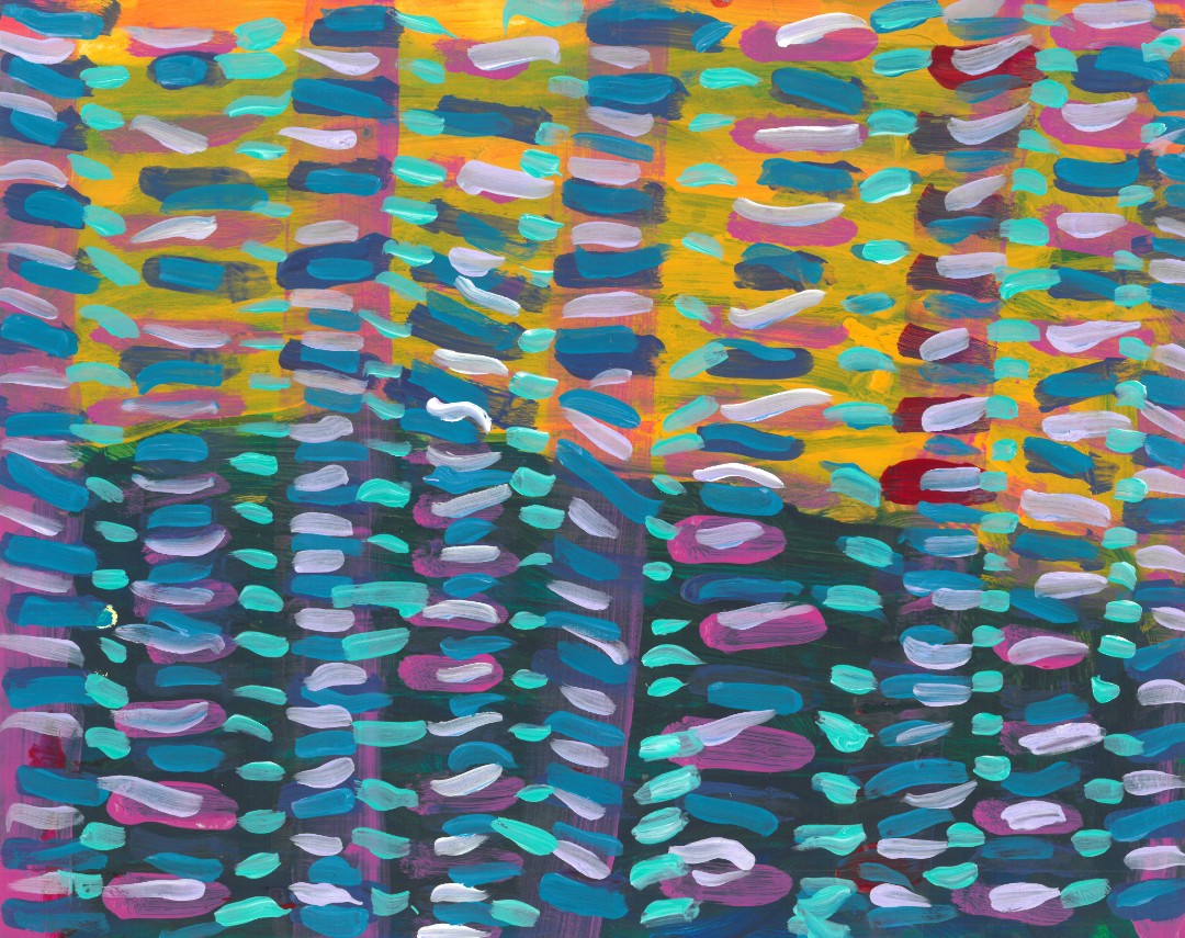 abstract painting of short horizontal lines of blue and pink with teal dots inbetween