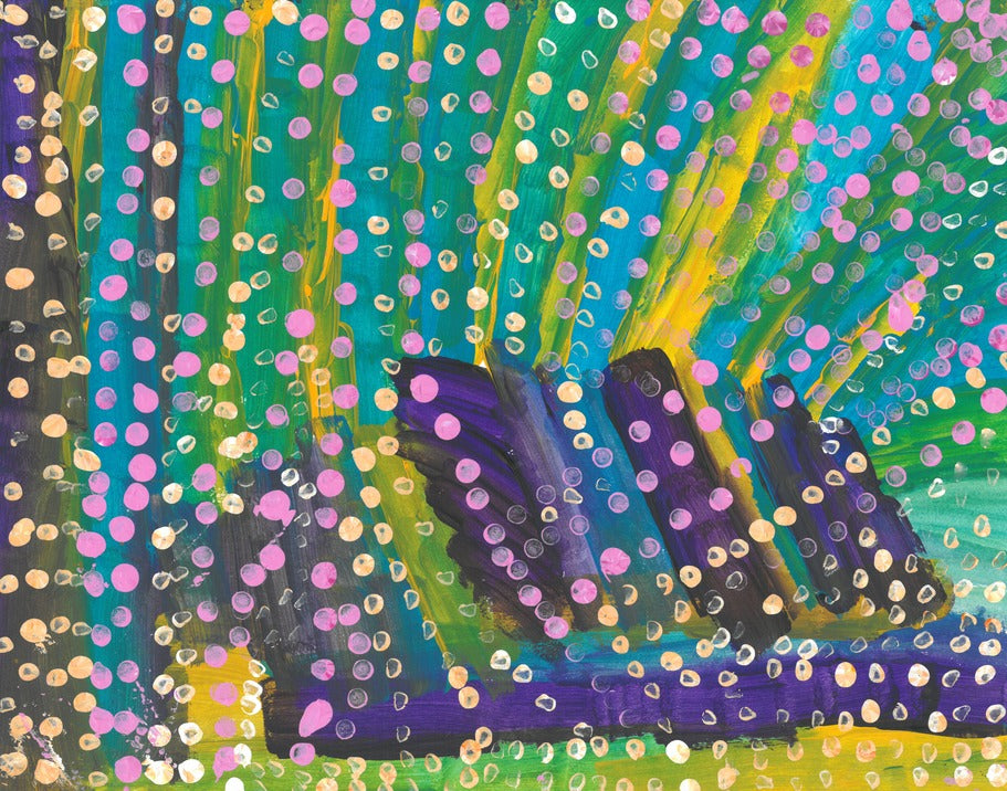 blue and yellow stripes with pink dots on top