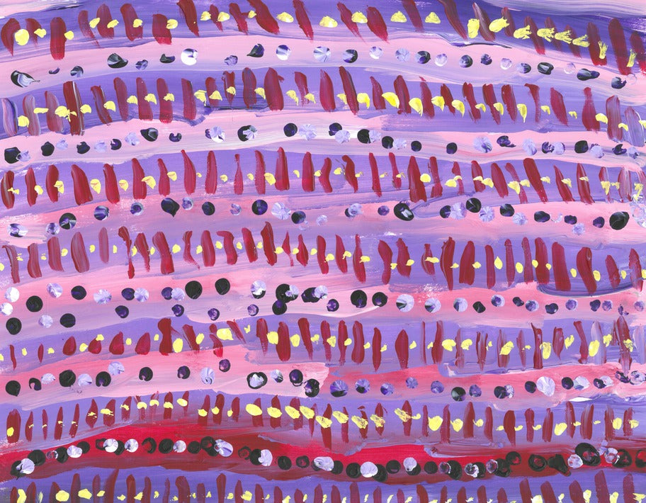 pink and purple stripes with red lines and yellow dots on top alternating
