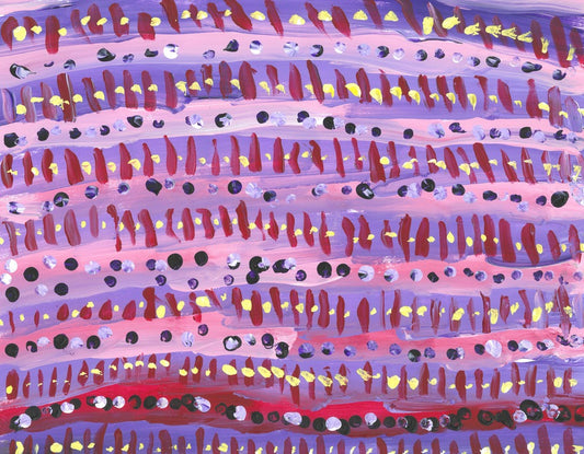 pink and purple stripes with red lines and yellow dots on top alternating