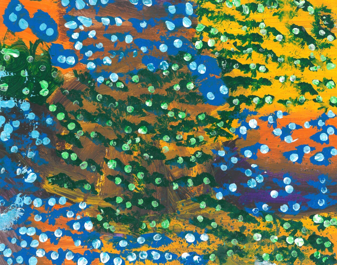 Abstract painting of blue and green dots and waves across yellow and orange