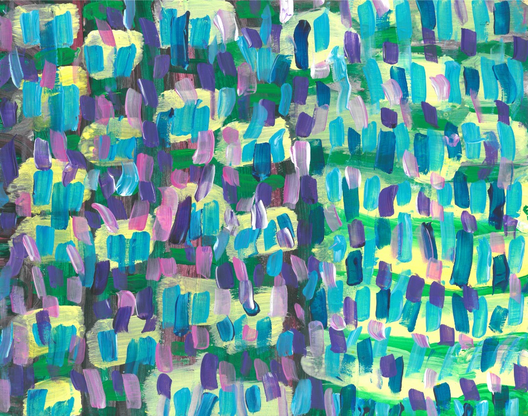 abstract painting of short vertical lines of blue, purple, and pink on top of thick horizontal lines of yellow and green