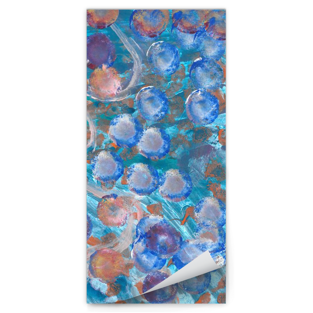 magnetic notepad of a Painting of blue and goldih red dots on top of a bacground of teals