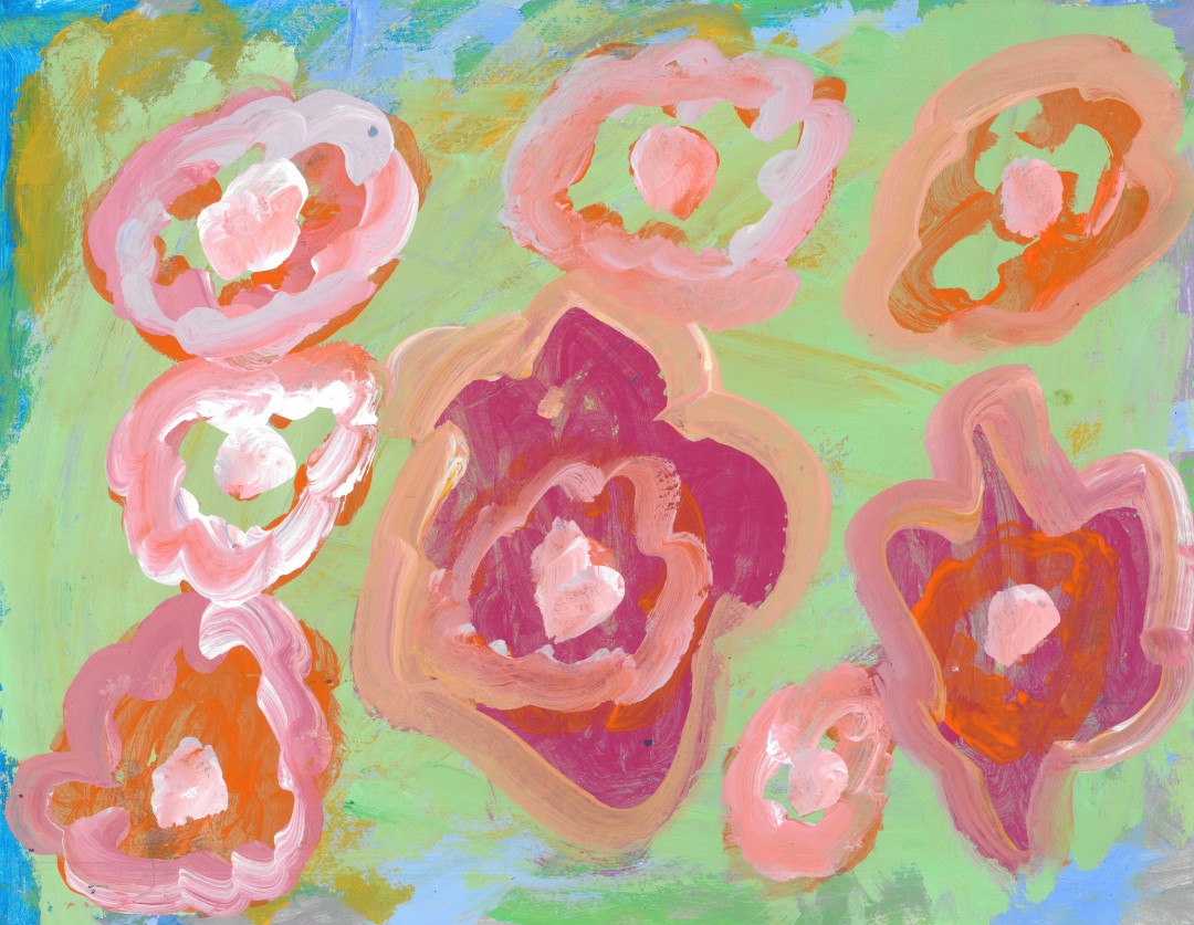 Artistic rendering of pink and orange flowers on grass and water