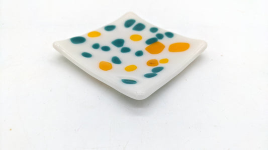 glass tray with yellow and teal