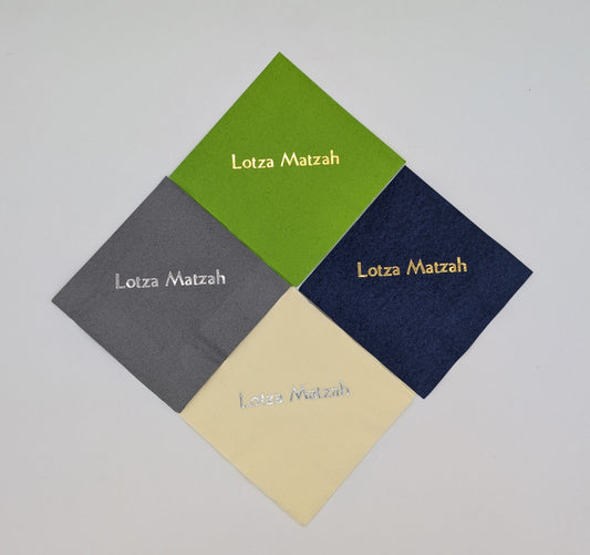 grouping of 4 napkins that say lots of matzah