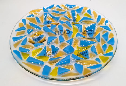 blue and yellow glass seder plate